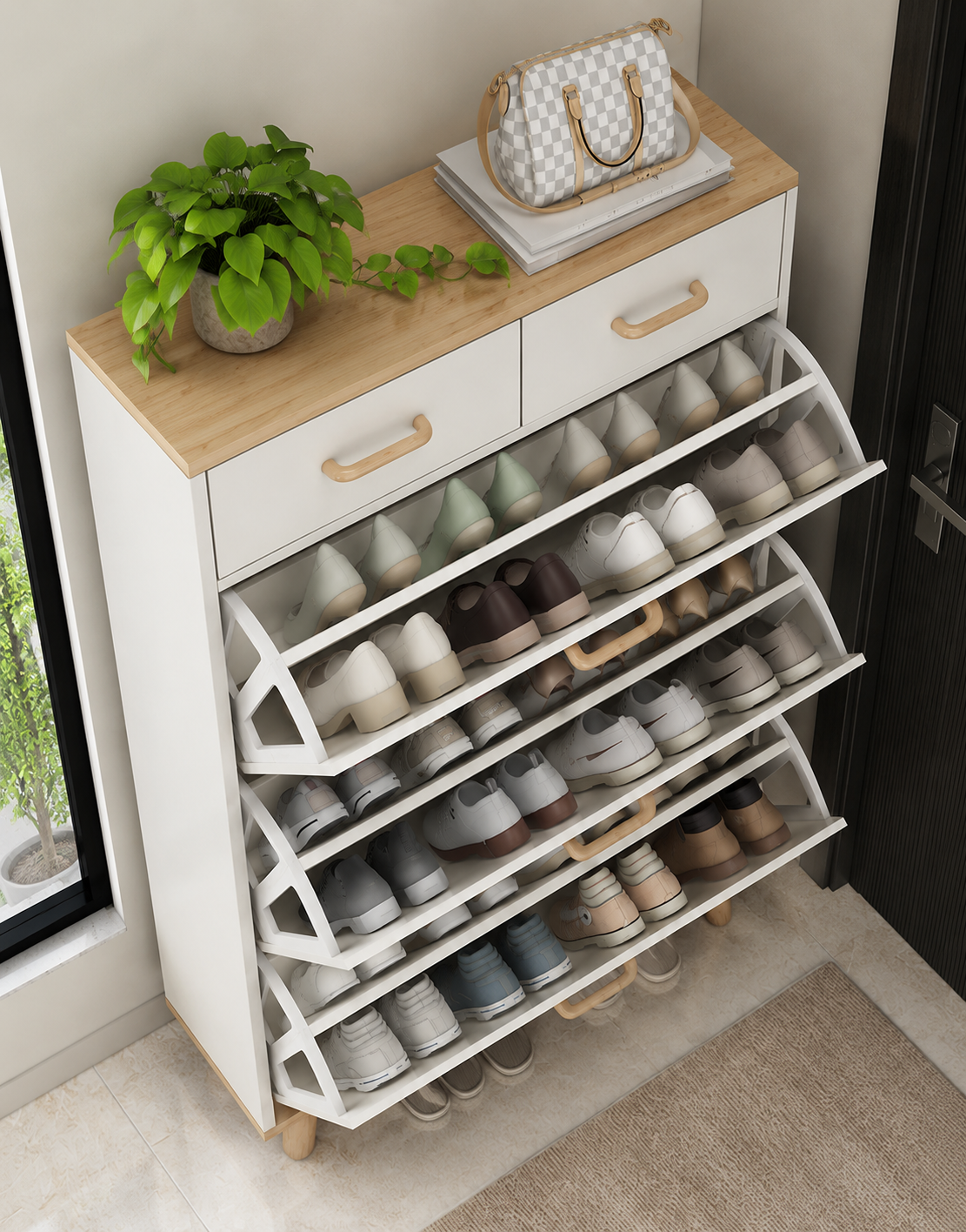 Modern Wooden Shoe Cabinet with Flip Drawers | Space-Saving Entryway Shoe Storage Organizer | Ouch Cart OUCH CART