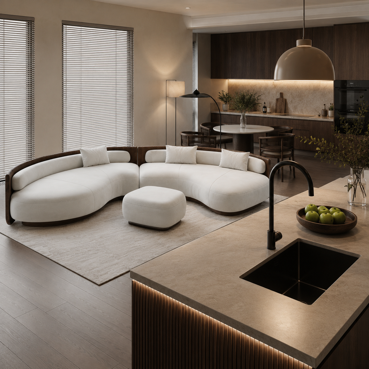 Modern Curved Sectional Sofa Set with Ottoman | Luxury Cream Upholstered Living Room Sofa OUCH CART