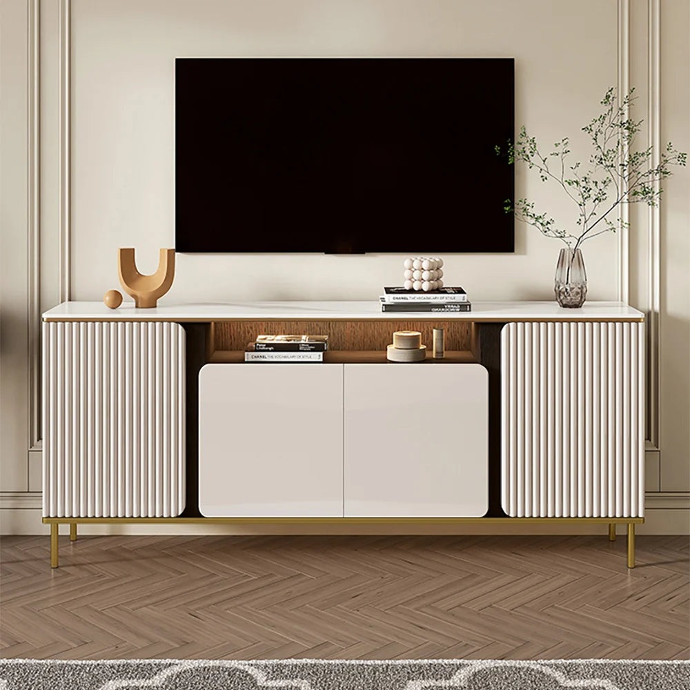 Modern Fluted TV Unit with Storage Cabinet & Shelves Ouch Cart