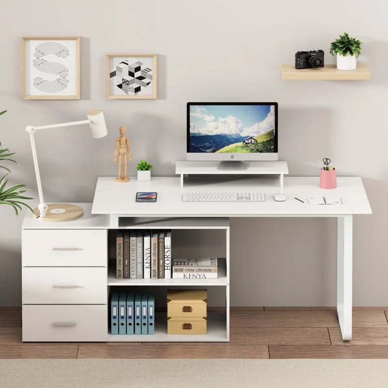 L-Shaped Desk with Computer Monitor Riser Stand Ouch Cart