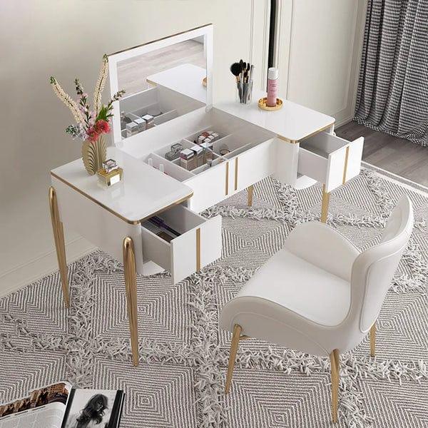 Juan White Makeup Vanity Expandable Dressing Table with Cabinet with Chair, Vanity Table Set with Mirror, Medium Density Fiberboard Modern Makeup Vanity Dressing Desk with 2 Drawers and One Shelves - Ouch Cart