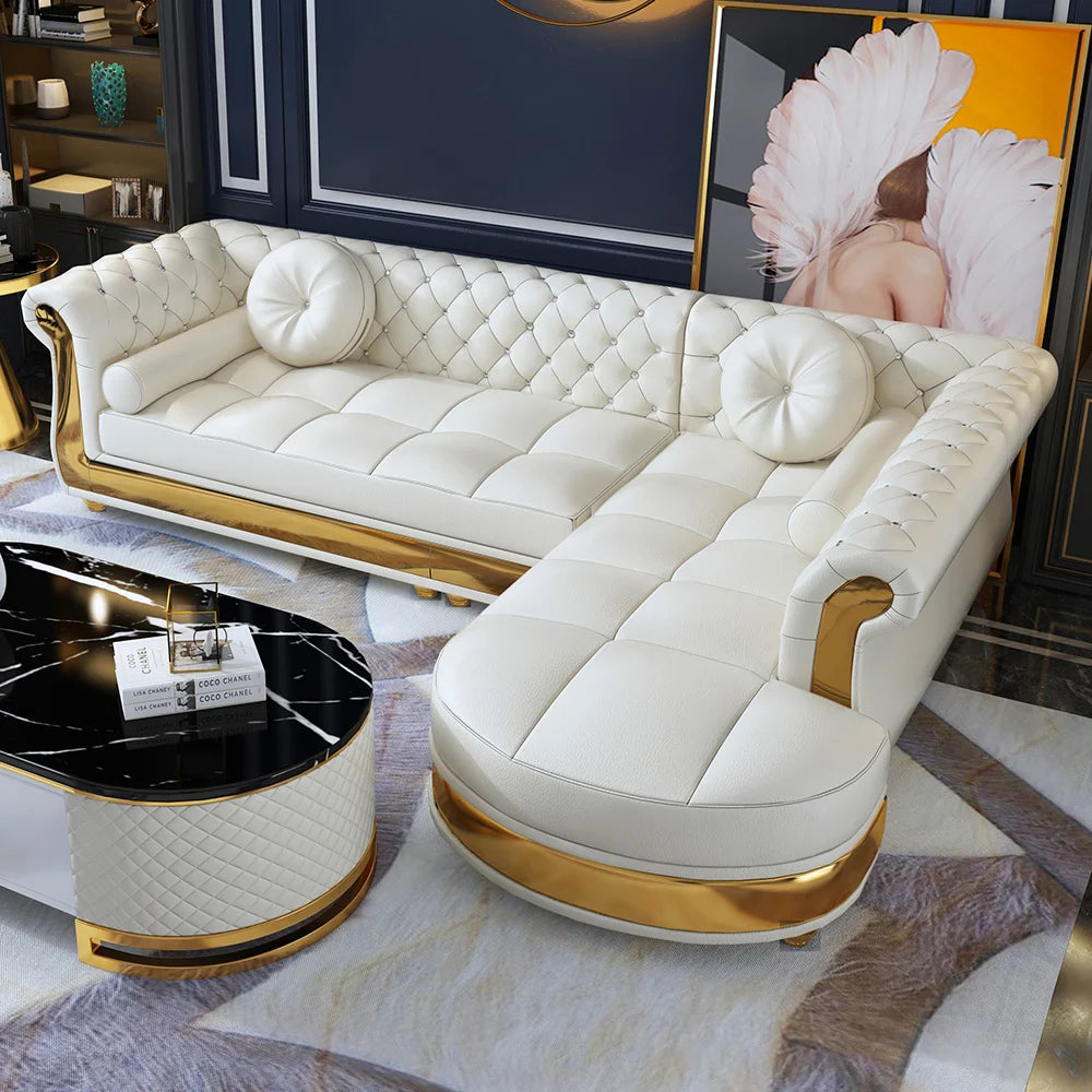 Luxury White L-Shaped Chesterfield Leather Sofa Set with Gold Accents OUCH CART