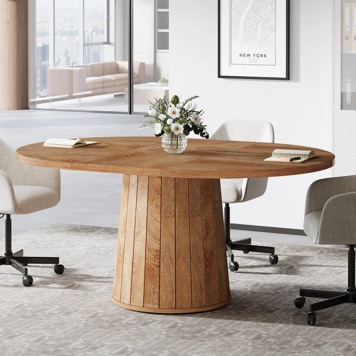 55" Oval Conference Meeting Table With Wood Base For 6 People- ouch cart