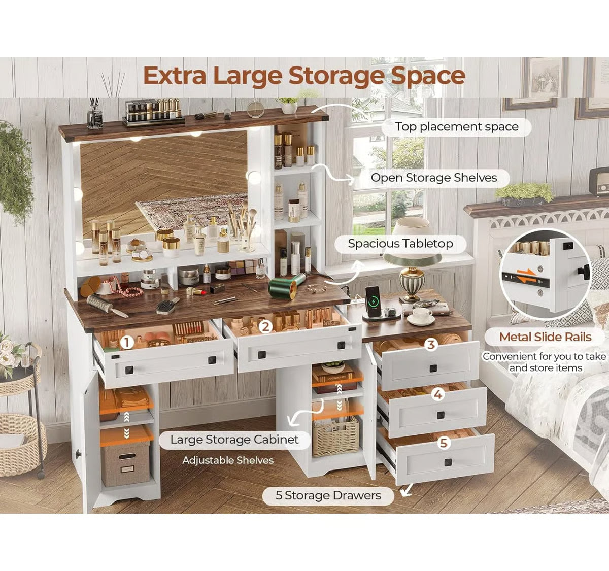 56.5" Makeup Vanity Desk with Hollywood LED Mirror, 5 Drawers, 2 Cabinets, Open Shelves and Charging Station