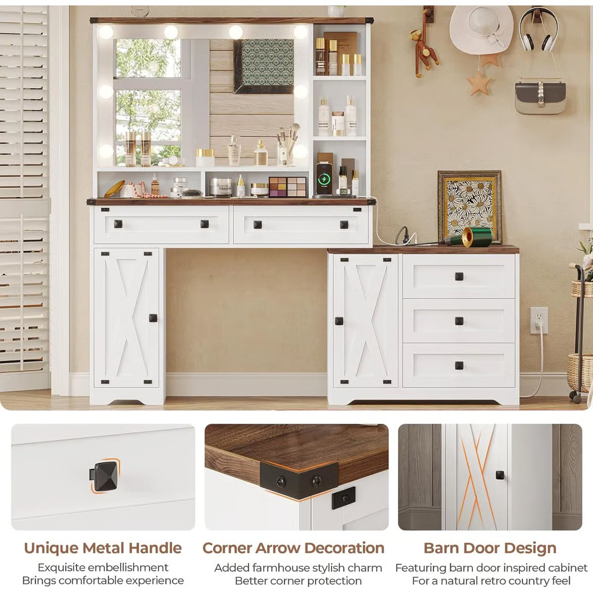 56.5" Makeup Vanity Desk with Hollywood LED Mirror, 5 Drawers, 2 Cabinets, Open Shelves and Charging Station