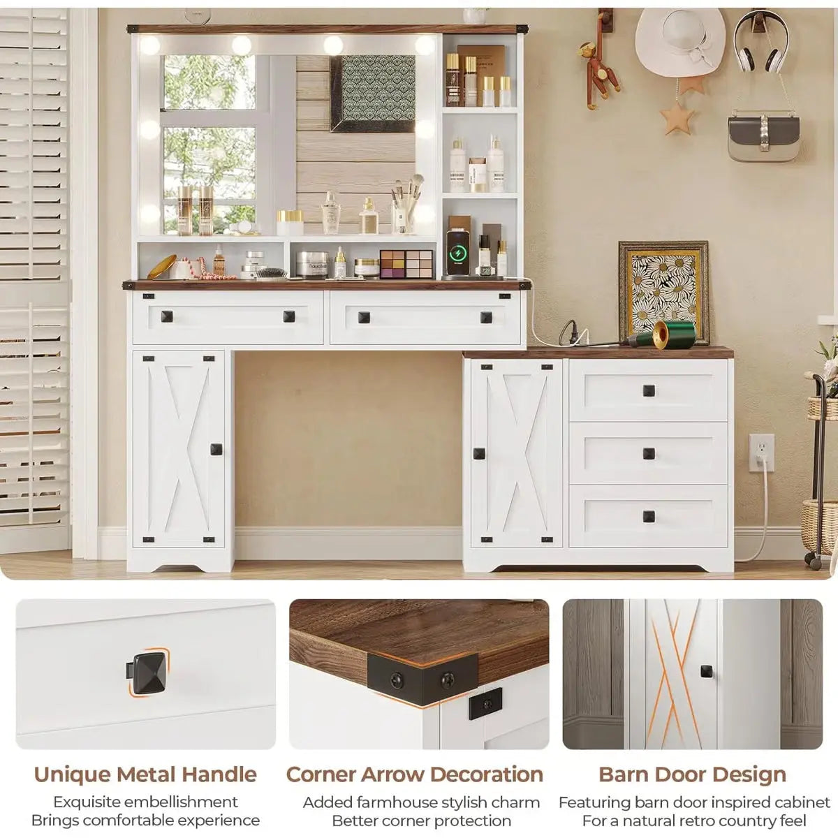 56.5" Makeup Vanity Desk with 5 Drawers, 2 Cabinets, Open Shelves