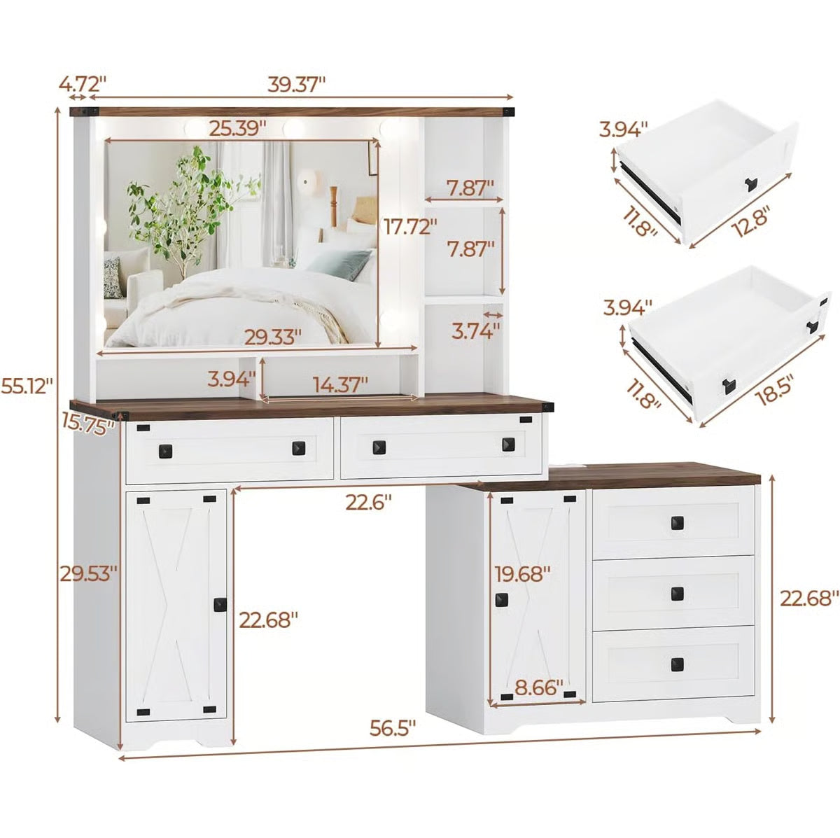 56.5" Makeup Vanity Desk with Hollywood LED Mirror, 5 Drawers, 2 Cabinets, Open Shelves and Charging Station