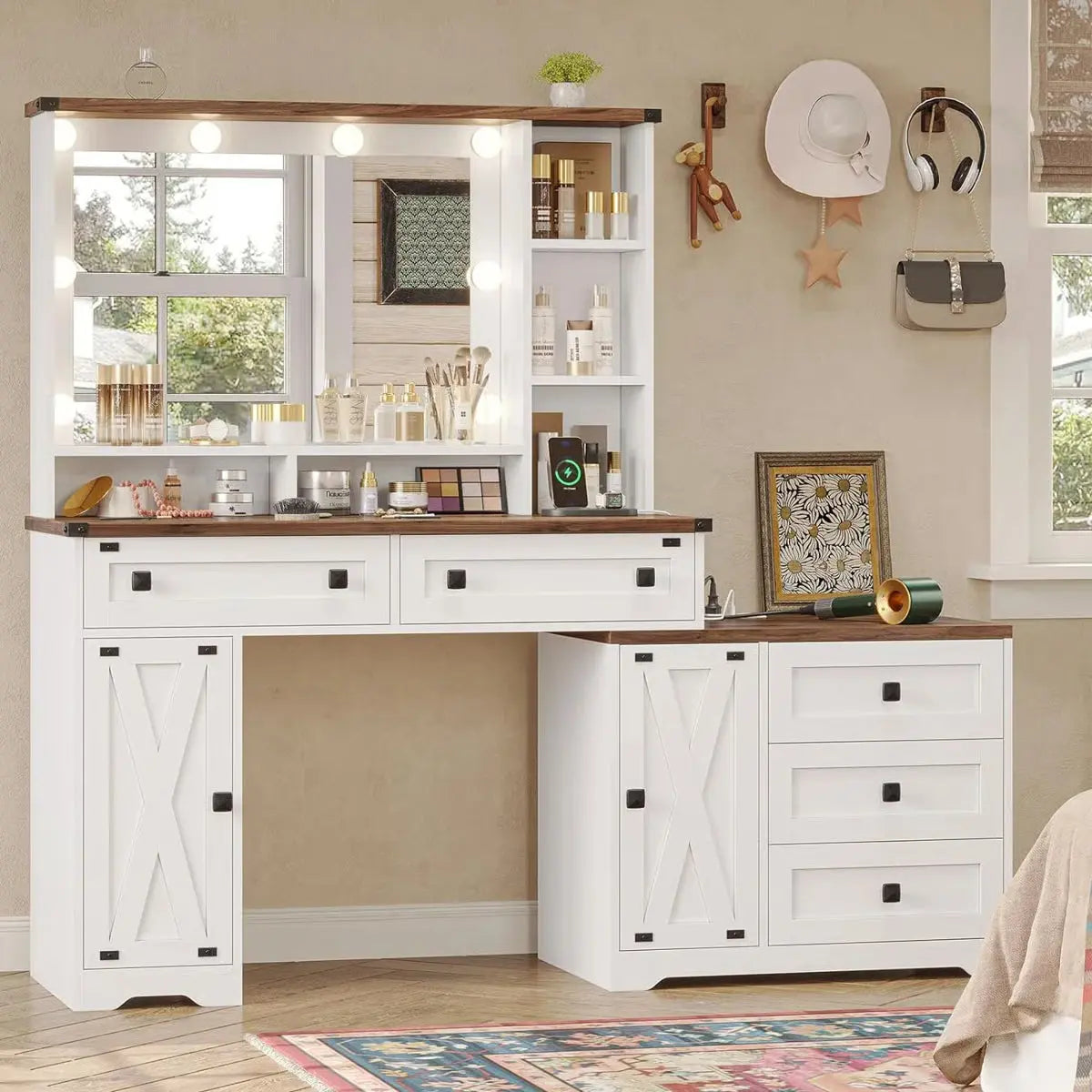 56.5" Makeup Vanity Desk with Hollywood LED Mirror, 5 Drawers, 2 Cabinets, Open Shelves and Charging Station-OUCH CART | Dressing table