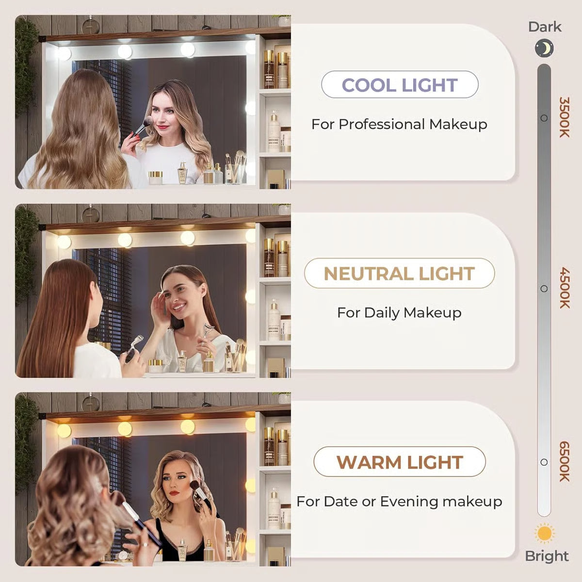 56.5" Makeup Vanity Desk with Hollywood LED Mirror, 5 Drawers, 2 Cabinets, Open Shelves and Charging Station