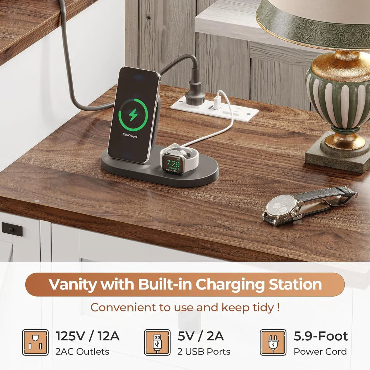 56.5" Makeup Vanity Desk with Hollywood LED Mirror, 5 Drawers, 2 Cabinets, Open Shelves and Charging Station-OUCH CART | Dressing table