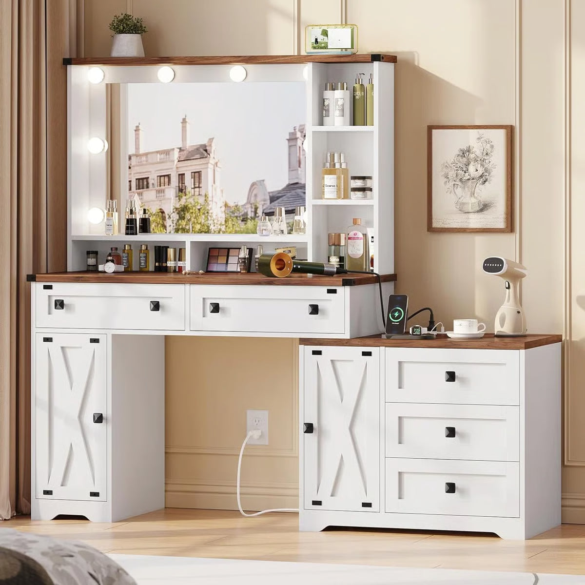 56.5" Makeup Vanity Desk with Hollywood LED Mirror, 5 Drawers, 2 Cabinets, Open Shelves and Charging Station