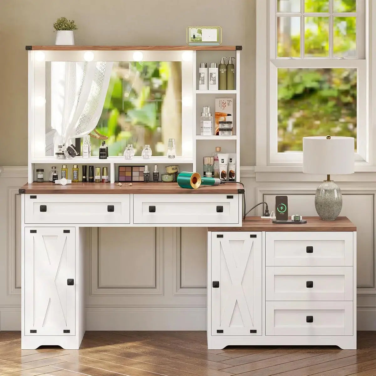 56.5" Makeup Vanity Desk with Hollywood LED Mirror, 5 Drawers, 2 Cabinets, Open Shelves and Charging Station-OUCH CART | Dressing table