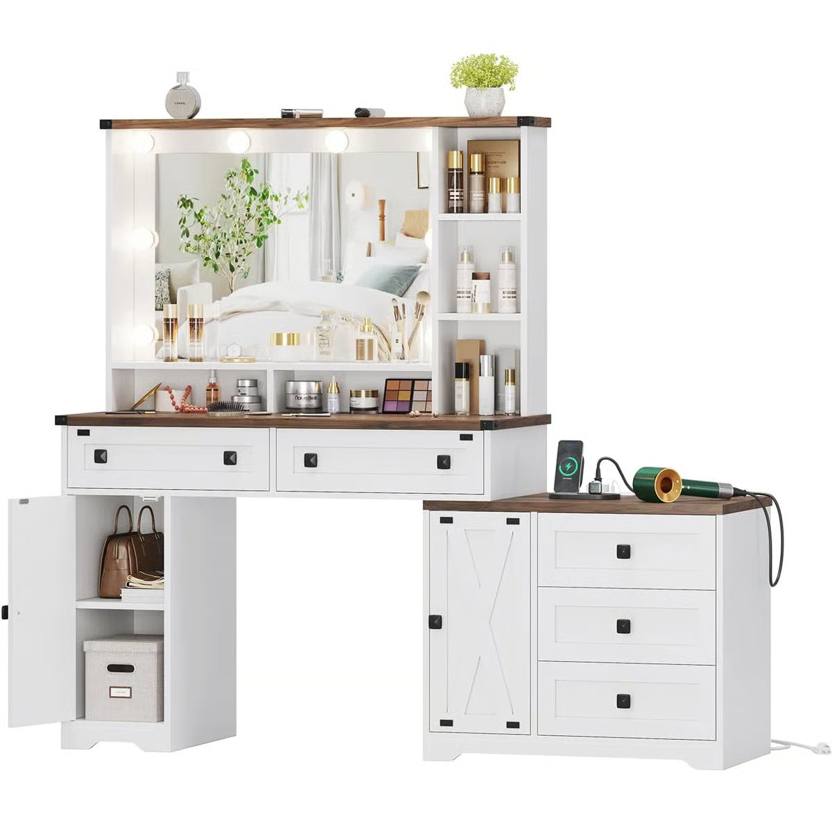 56.5" Makeup Vanity Desk with Hollywood LED Mirror, 5 Drawers, 2 Cabinets, Open Shelves and Charging Station