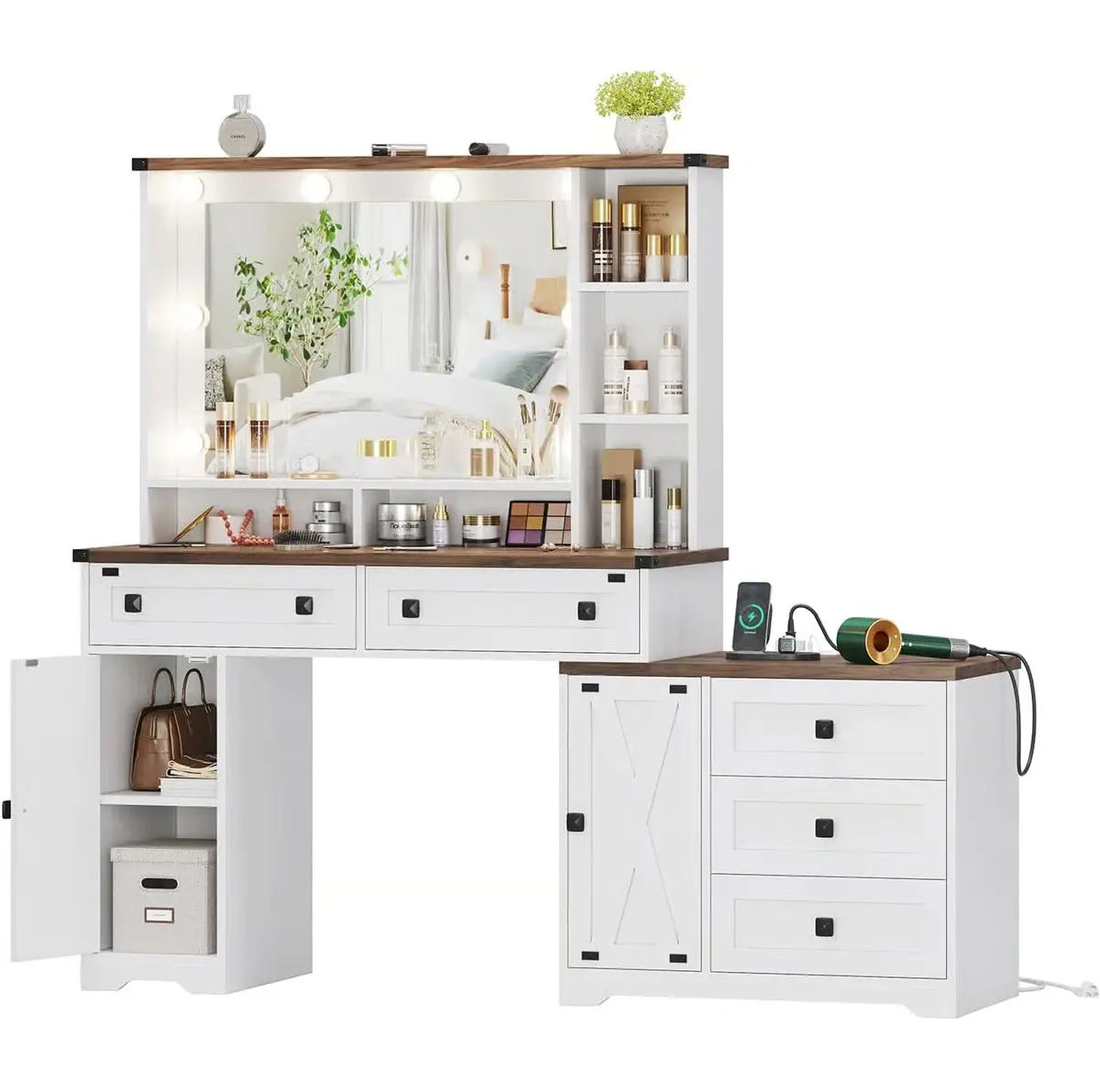 56.5" Makeup Vanity Desk with 5 Drawers, 2 Cabinets, Open Shelves