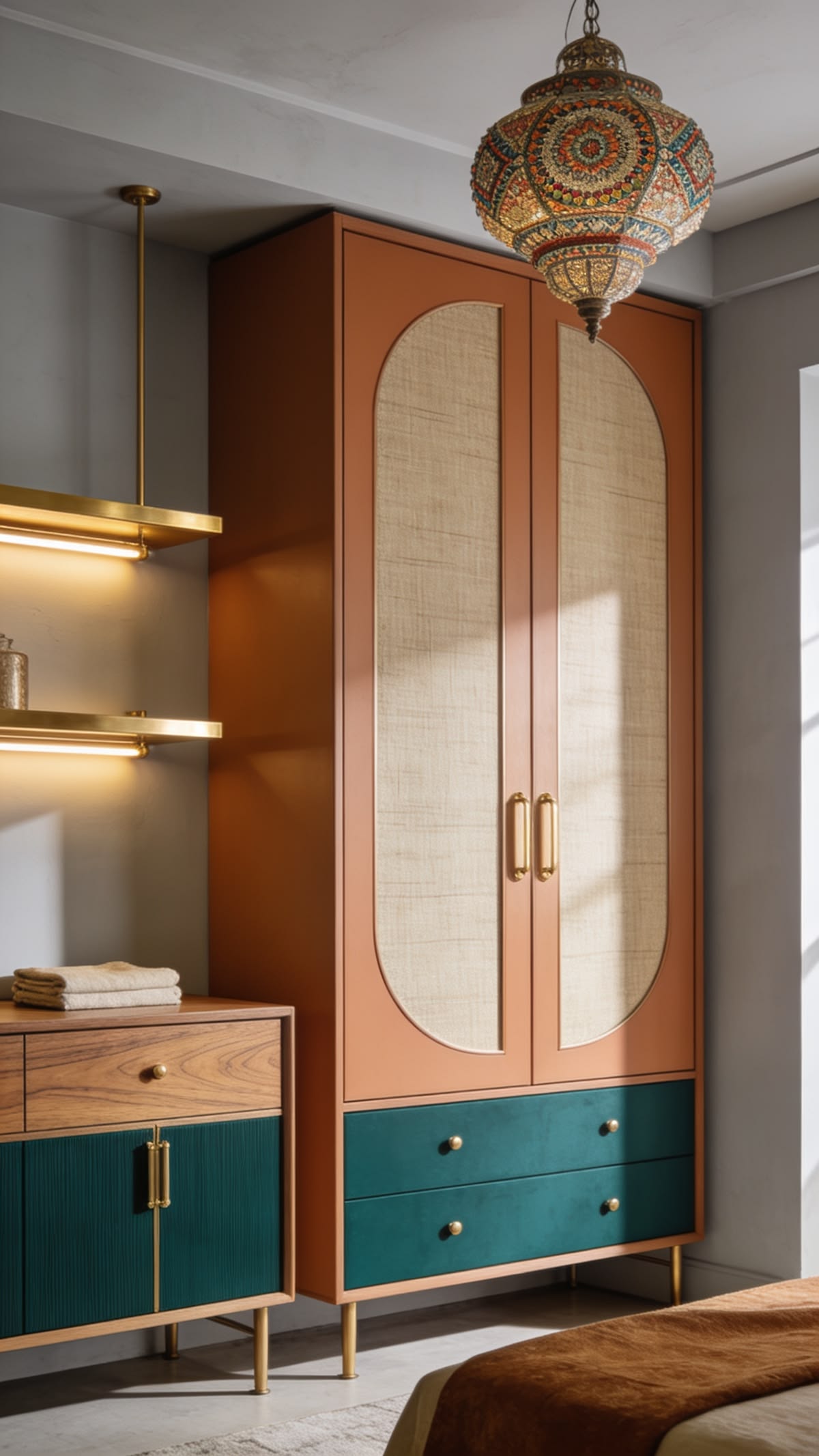 Modern 2 Door Wooden Wardrobe with 2 Drawers | Cane Panel Bedroom Almirah | Mid-Century Storage Cabinet in Terracotta Finish