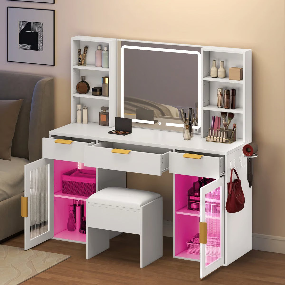 56" Makeup Vanity with LED Mirror – RGB Glass Storage Cabinets & Dressing Table-OUCH CART |Dressing table
