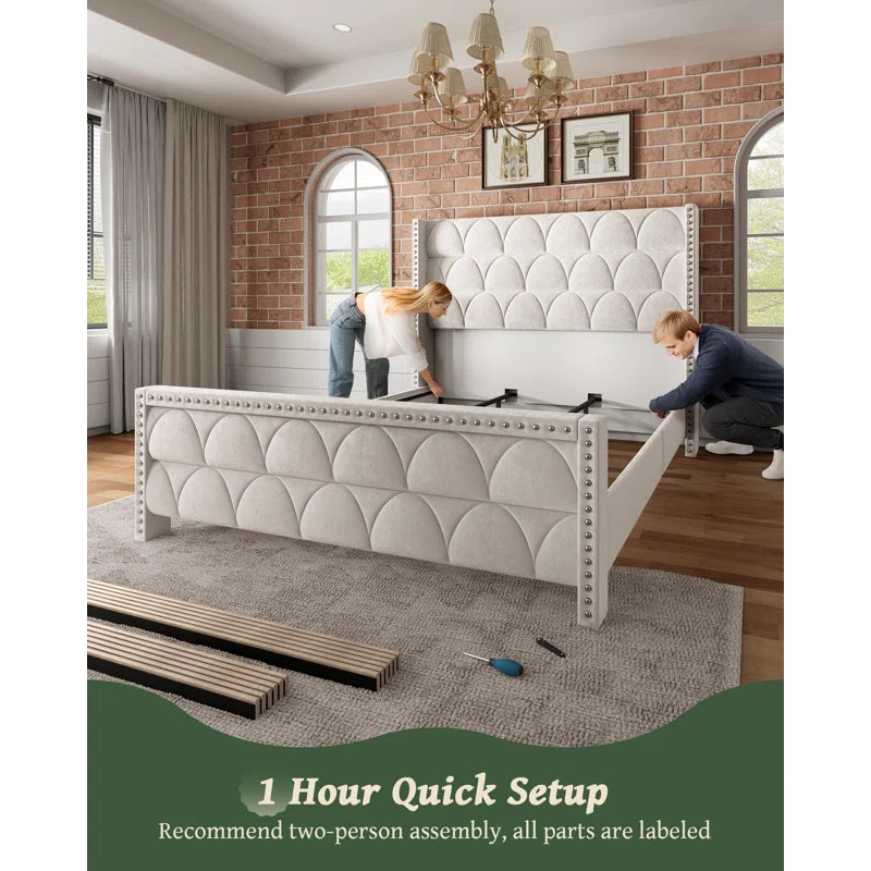 56" Velvet Wingback Bed Frame