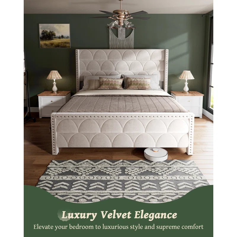 56" Velvet Wingback Bed Frame