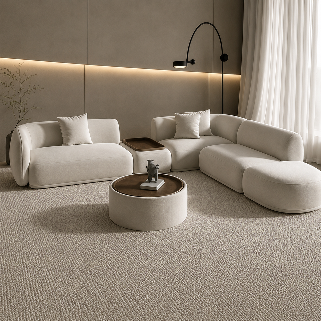 Ouch Cart Modern Curved Modular Sectional Sofa with Wooden Side Tray | Luxury Bouclé Upholstered L-Shaped Sofa Set for Living Room | Minimalist Contemporary Couch, Cream White OUCH CART