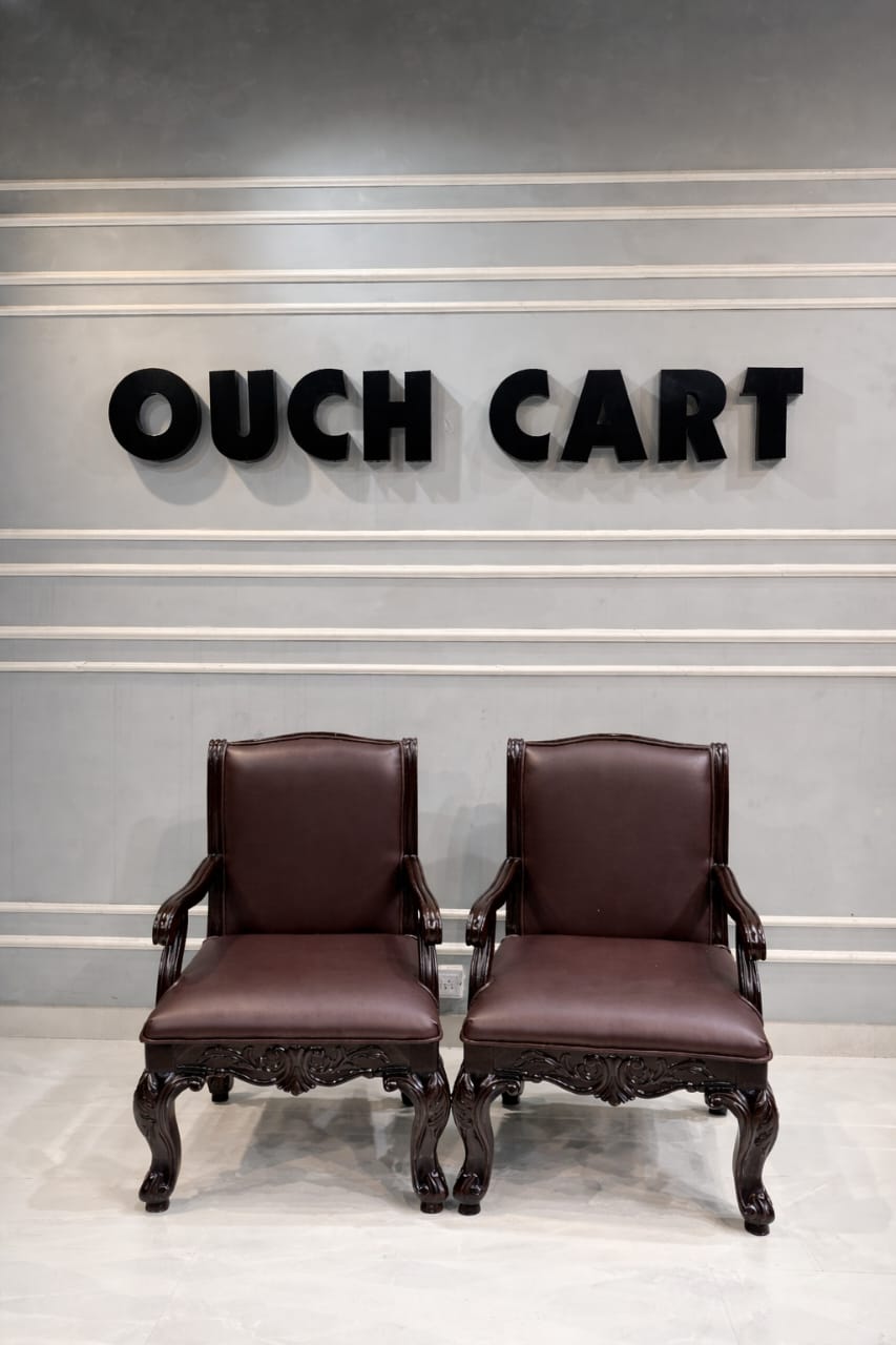 Luxury Solid Wood Leather Accent Chairs (Set of 2) – Hand-Carved Teak Armchairs for Living Room by Ouch Cart