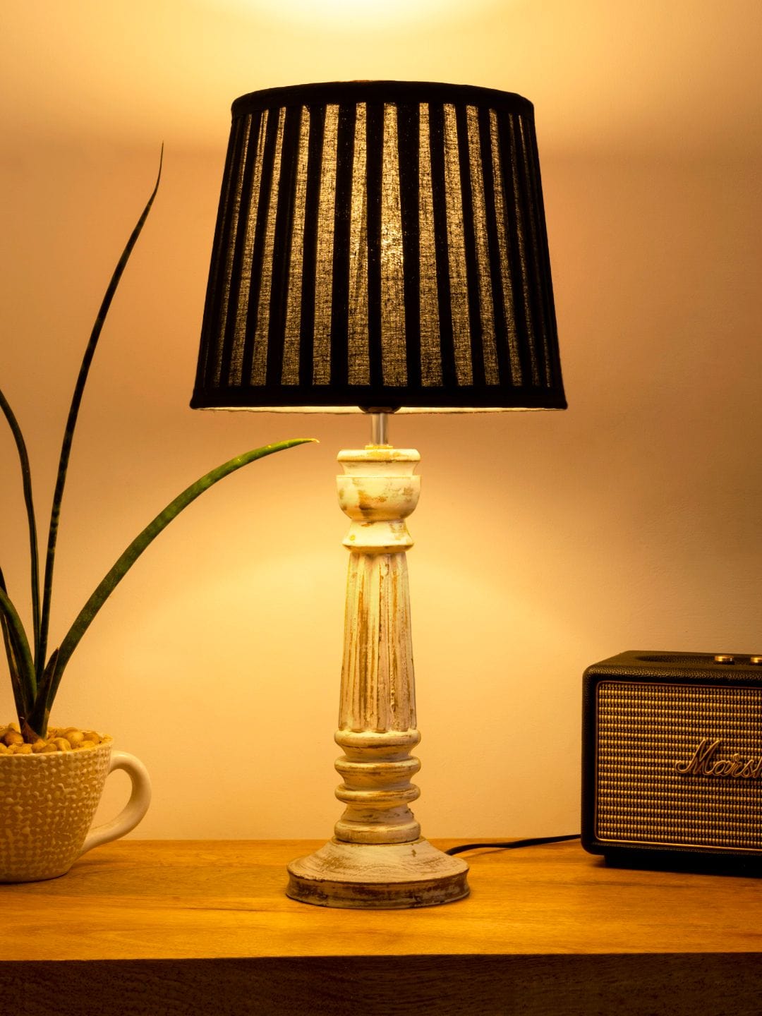 Wooden Pillar White lamp with pleeted Black Soft Shade