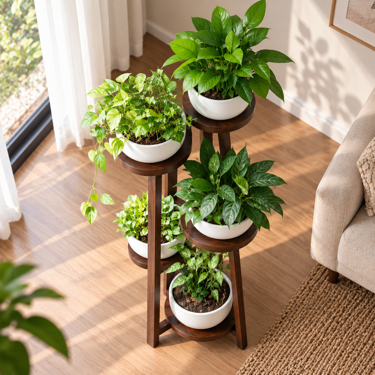 5 Tier Wooden Plant Stand for Indoor Plants | Solid Wood Multi-Level Plant Holder OUCH CART