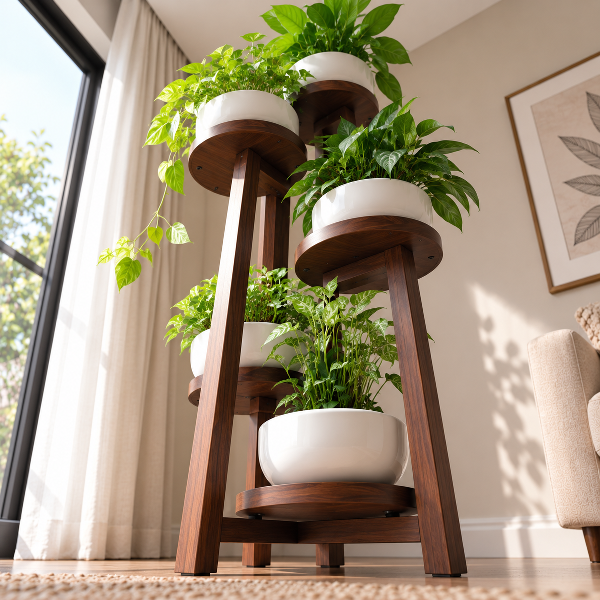 5 Tier Wooden Plant Stand for Indoor Plants | Solid Wood Multi-Level Plant Holder OUCH CART