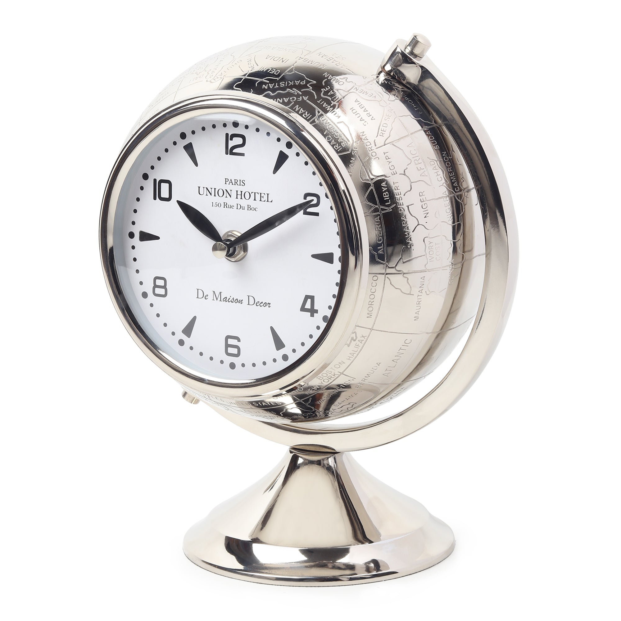 The Etched World Table Clock in Silver M.M.I. OVERSEAS