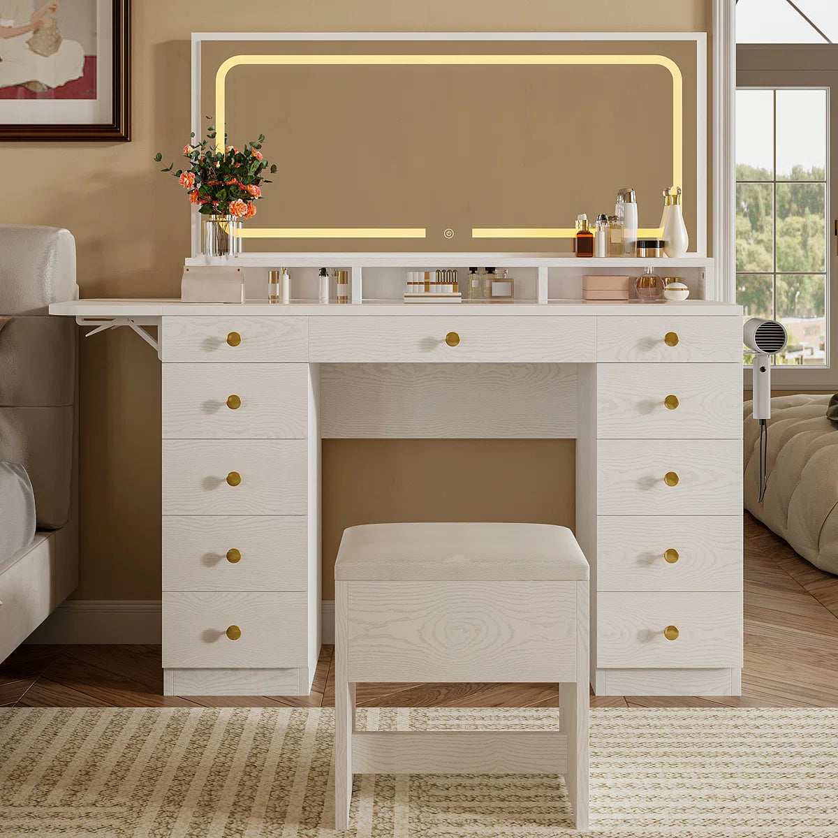 Makeup Vanity Set with Mirror, Power Outlet, 11 Drawers, and Matching Stool