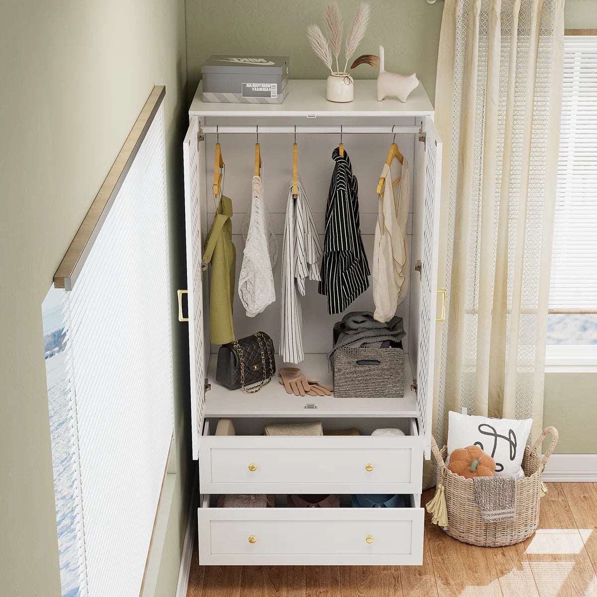 Ayara 2-Door Armoire Wardrobe – Wide Drawers and Hanging Rod for Bedroom-OUCH CART | Wardrobe