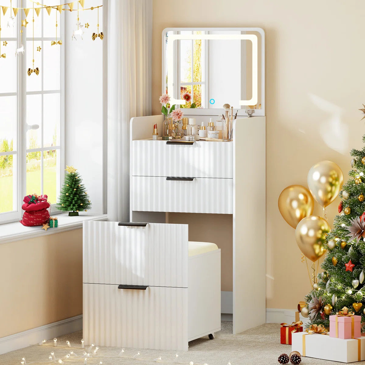 Makeup Vanity Desk with 2 Drawers, 1 Cabinet & Gold Legs