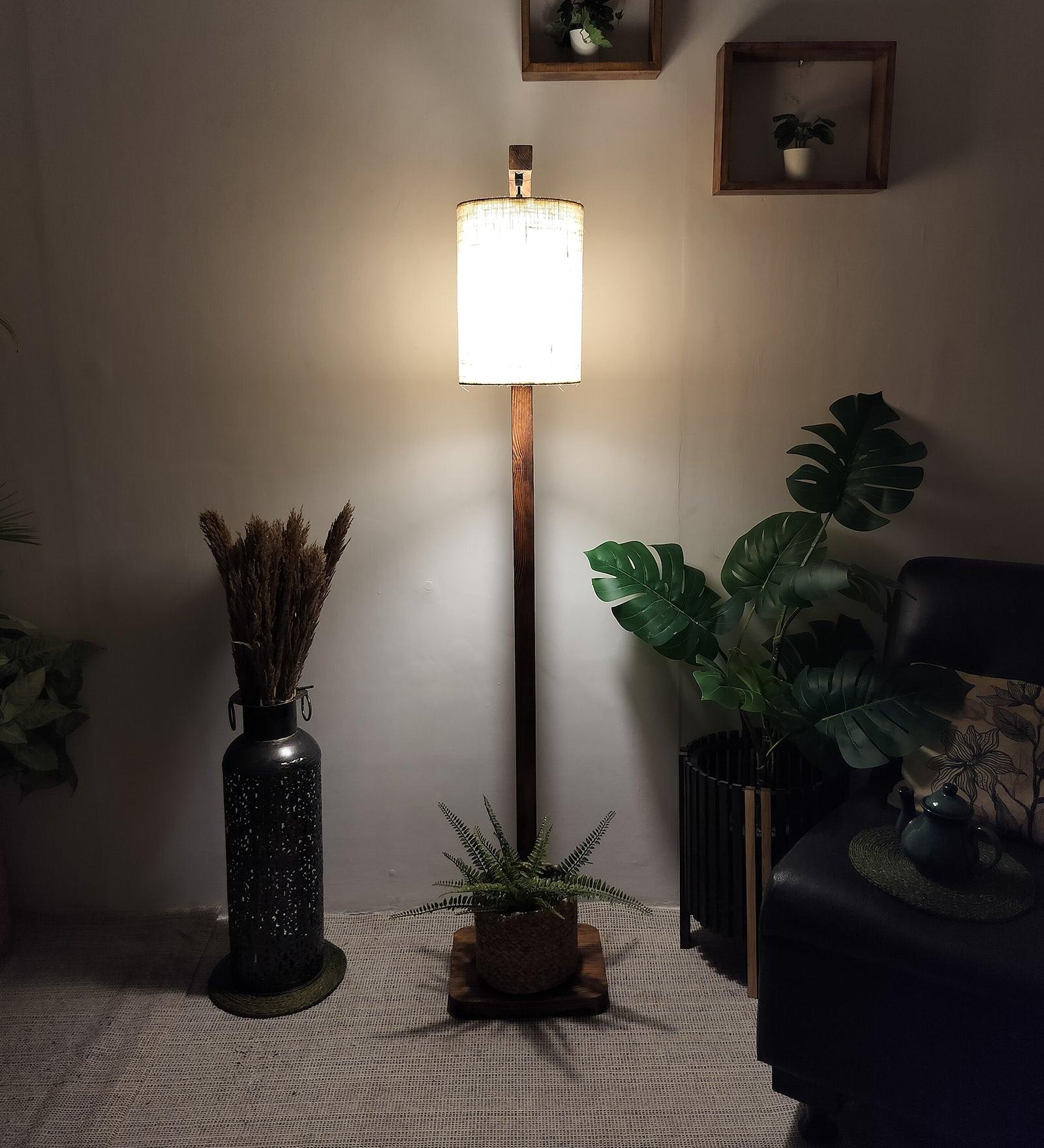 Elementary Wooden Floor Lamp with Brown Base and White Fabric Lampshade (BULB NOT INCLUDED) - Ouch Cart