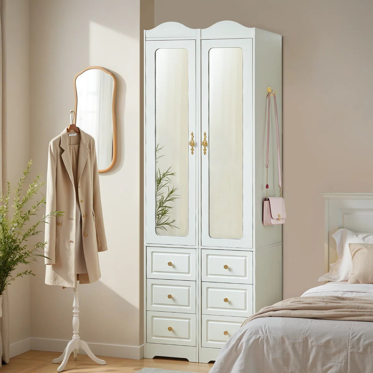 Large Armoire Wardrobe Closet 6 Drawers 2 Mirrors Hanging Rod with Sensor Lights