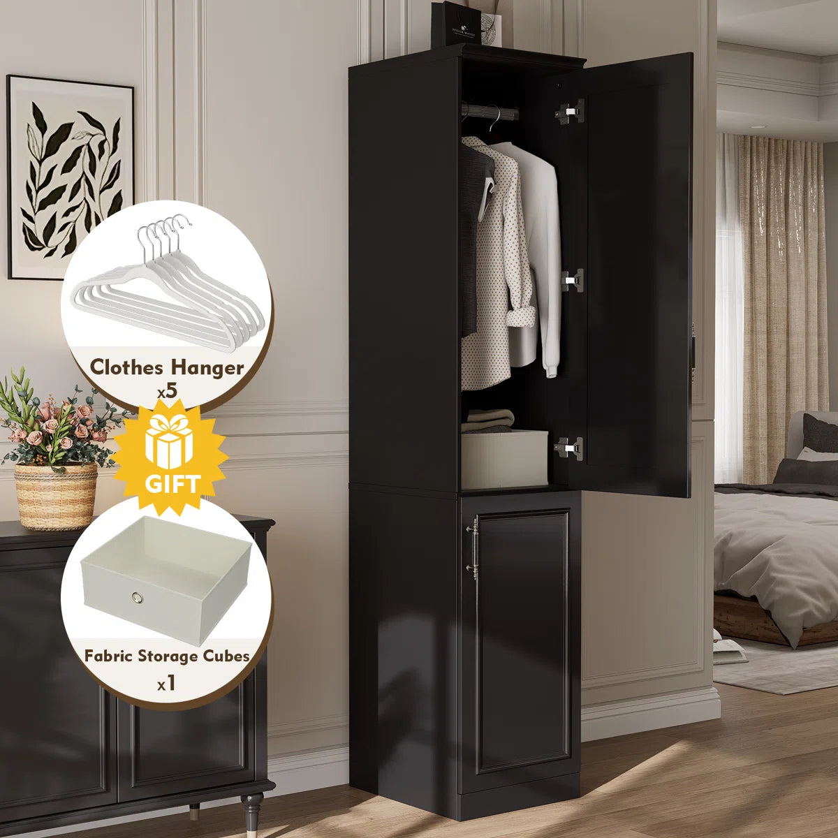 White Freestanding 2-Door Armoire Wardrobe Closet 74.8 Inch Large Storage Solution