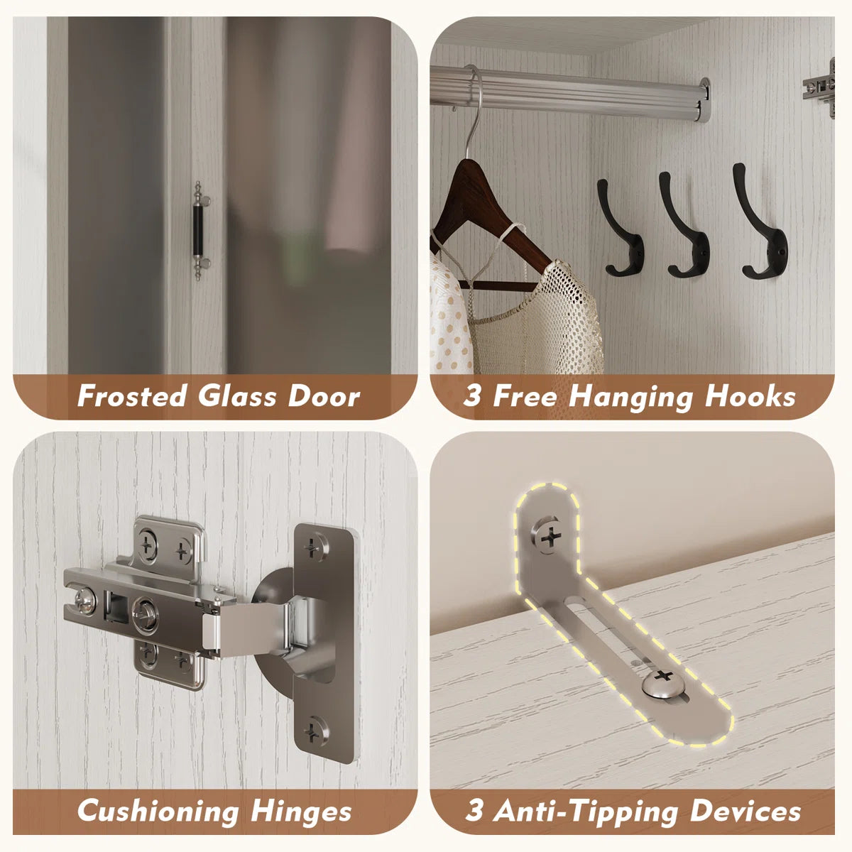 Wood Grain Meissalivve 2 Door Wardrobe Closet with Hanging Rod and Frosted Glass