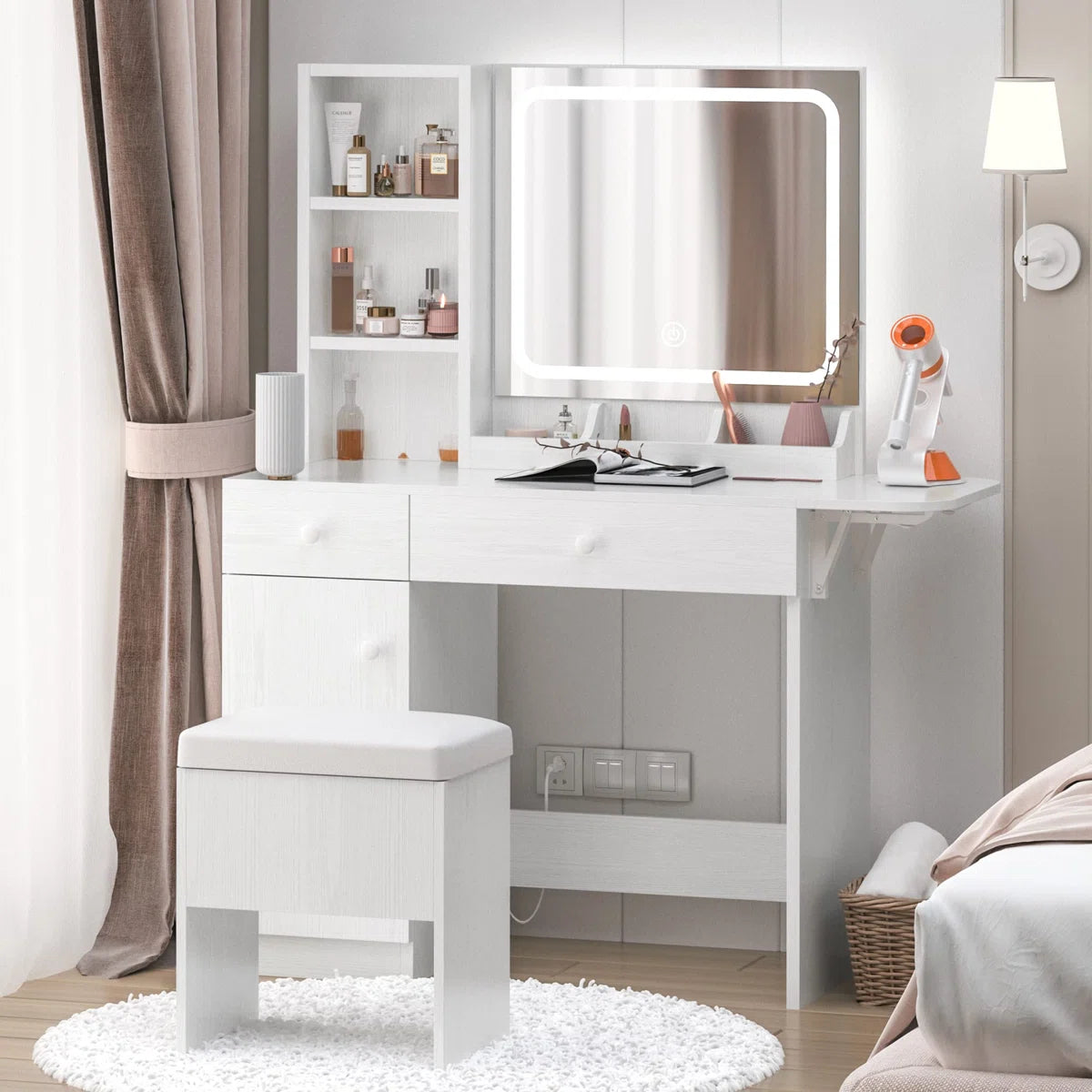 Vanity Desk with LED Lighted Mirror, Power Outlet, 2 Drawers, 3 Cubbies & Bookcase Storage for Bedroom OUCH CART