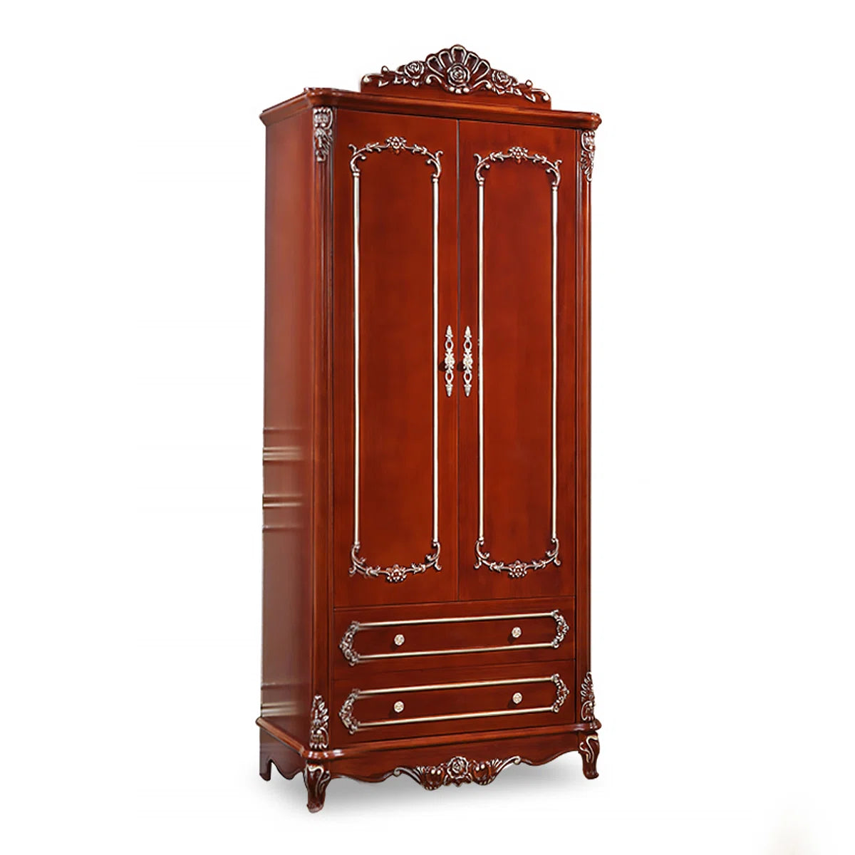 Carved Oak European-Style Wardrobe – Classic Wooden Bedroom Armoire
