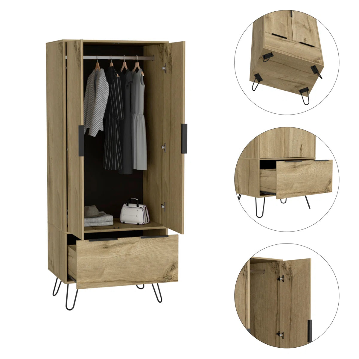 Light Oak Wardrobe – Wooden Bedroom Closet with 2 Doors & 1 Storage Drawer OUCH CART