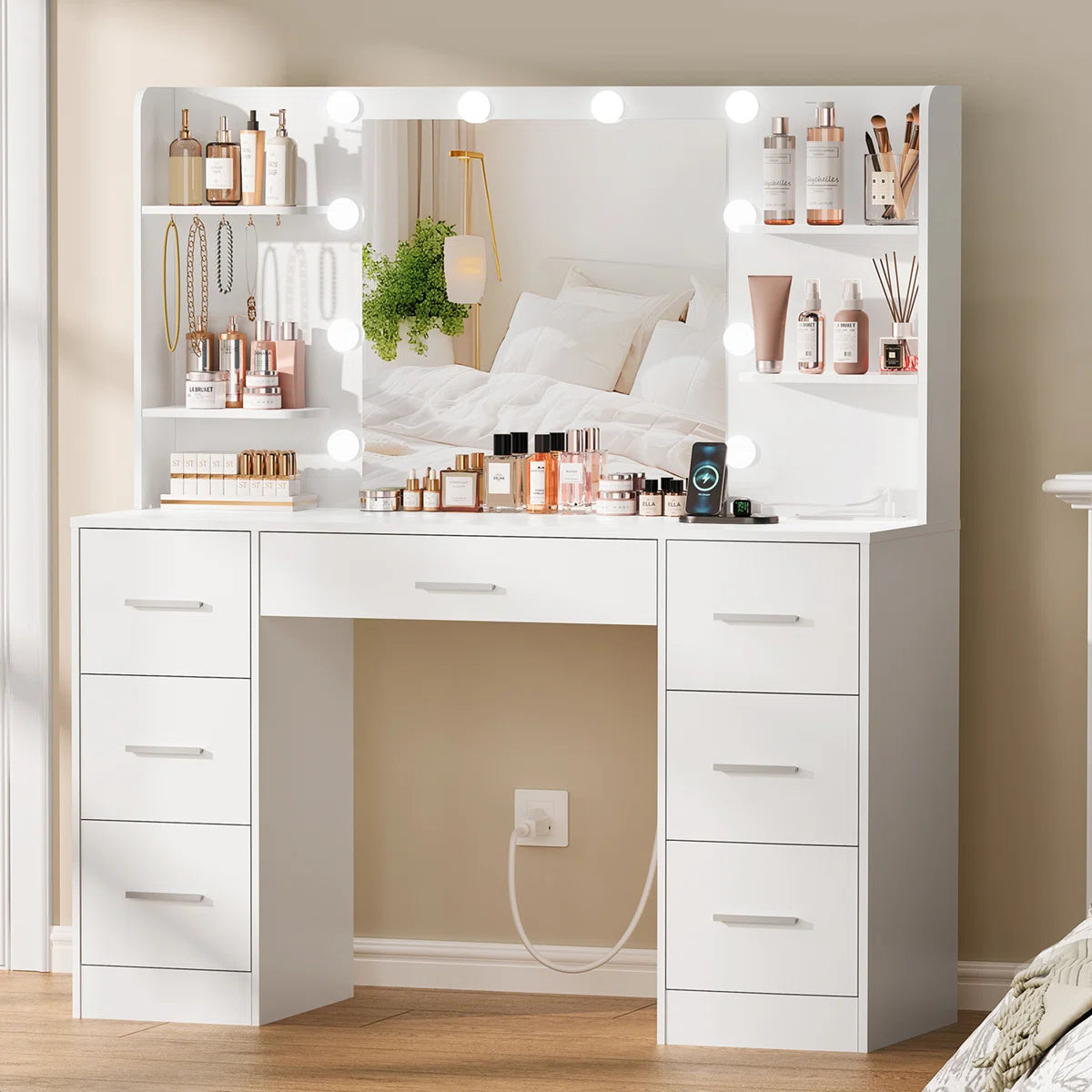 Camyla Large Makeup Vanity Table with LED Mirror, 7 Drawers, 4 Storage Shelves, Jewelry Hooks & Power Outlet