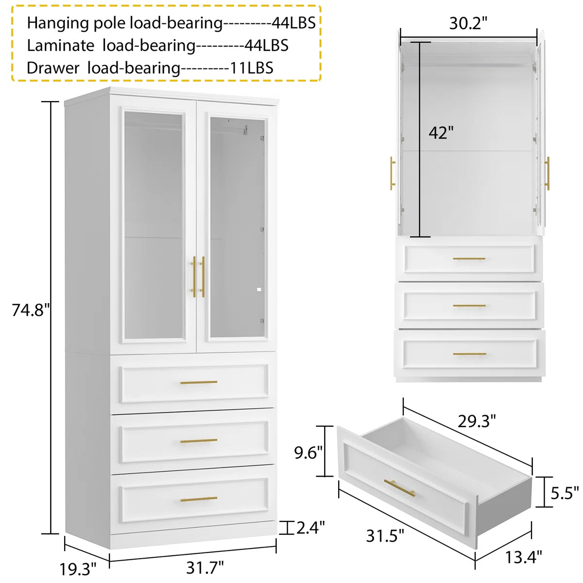 Durable Armoire Spacious Modern Bedroom Wardrobe-OUCH CART | Wardrobe