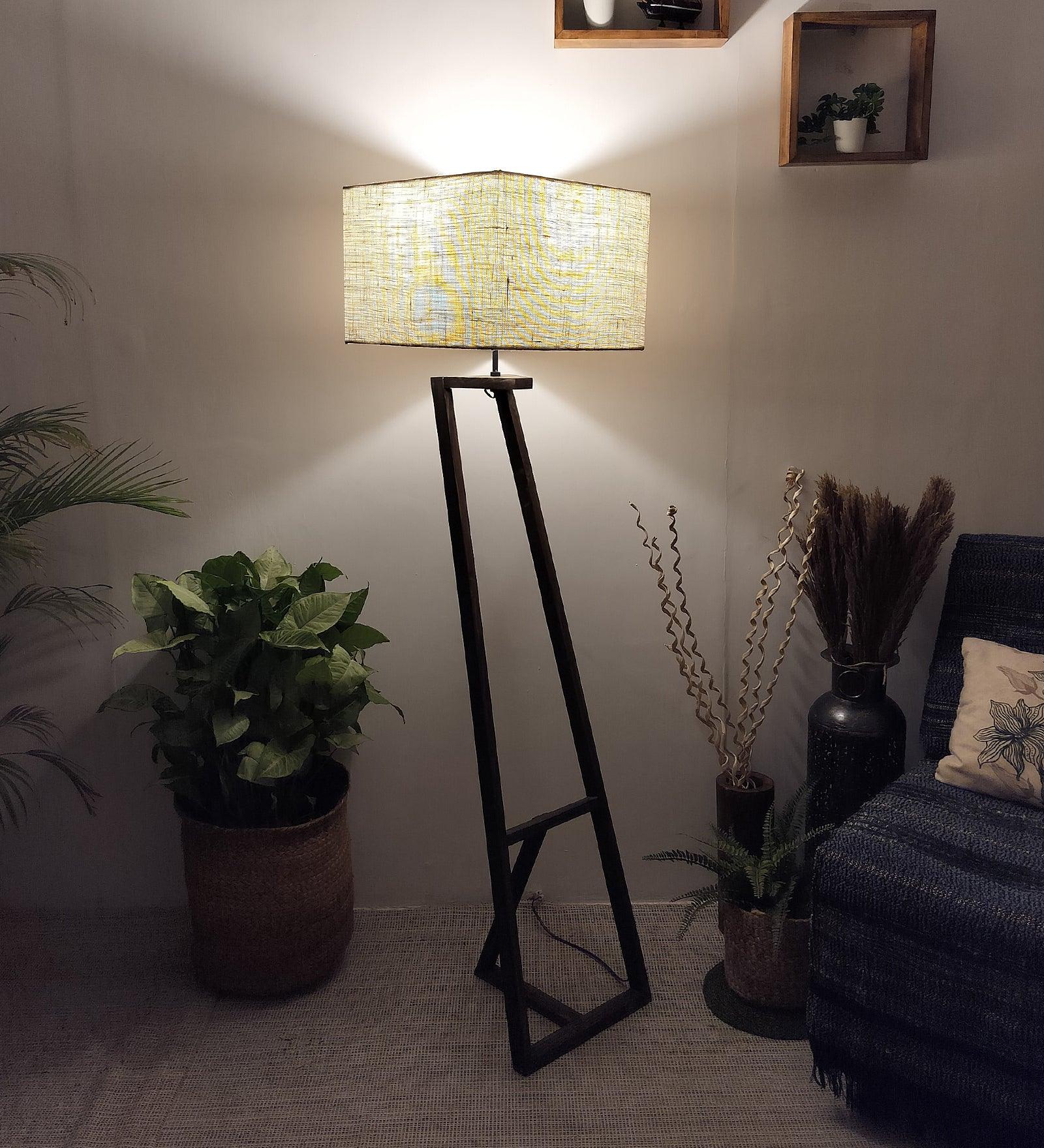 Angular Wooden Floor Lamp with Brown Base and Premium Beige Fabric Lampshade (BULB NOT INCLUDED) - Ouch Cart