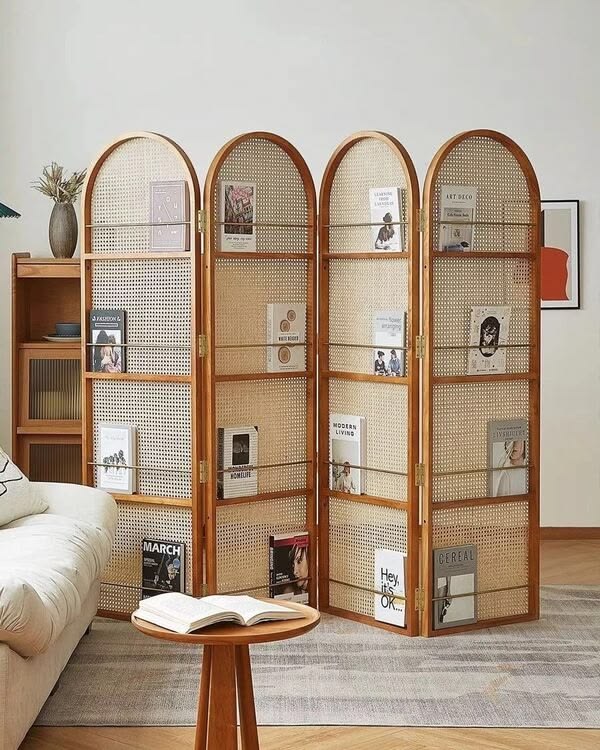 Ouch Cart 4 Panel Rattan Room Divider | Folding Woven Privacy Screen with Wooden Frame Ouch Cart