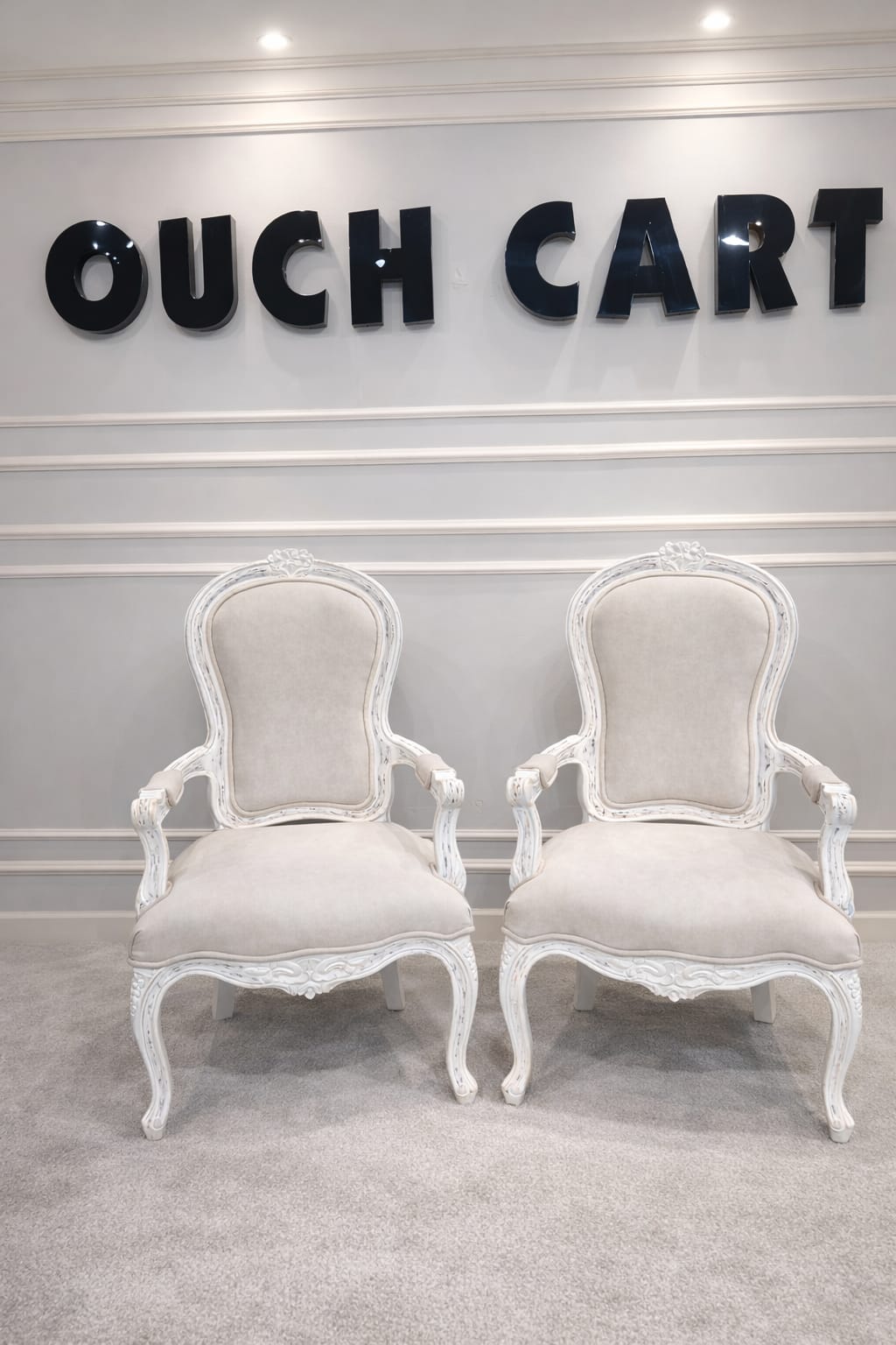 Ouch Cart Elegant French Style Upholstered Accent Chair – Vintage White Carved Wood Armchair for Living Room & Bedroom ouch