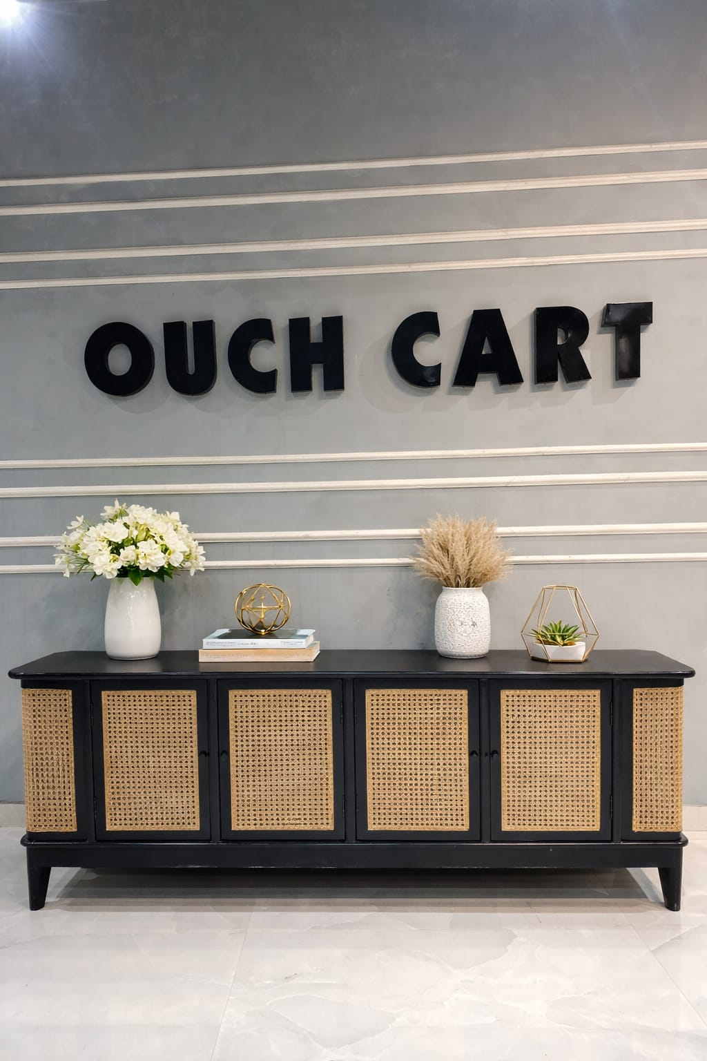 Chic Teak Wood & Rattan Black Sideboard โ Stylish Storage Piece OUCH CART