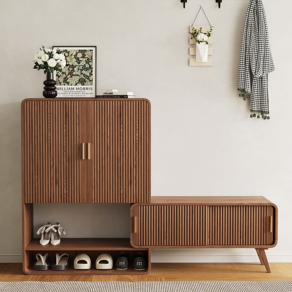 Modern Wooden Shoe Storage Cabinet with Bench | Entryway Shoe Organizer with Closed Cabinet & Open Shelf OUCH CART