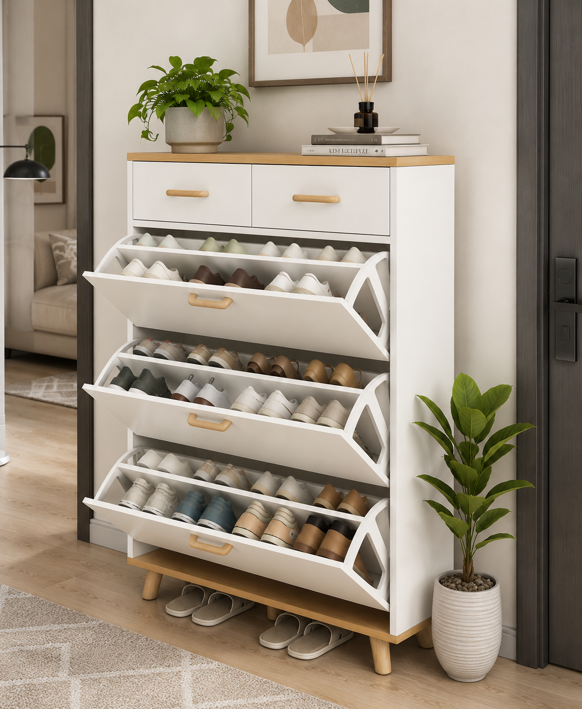 Modern Wooden Shoe Cabinet with Flip Drawers | Space-Saving Entryway Shoe Storage Organizer | Ouch Cart OUCH CART