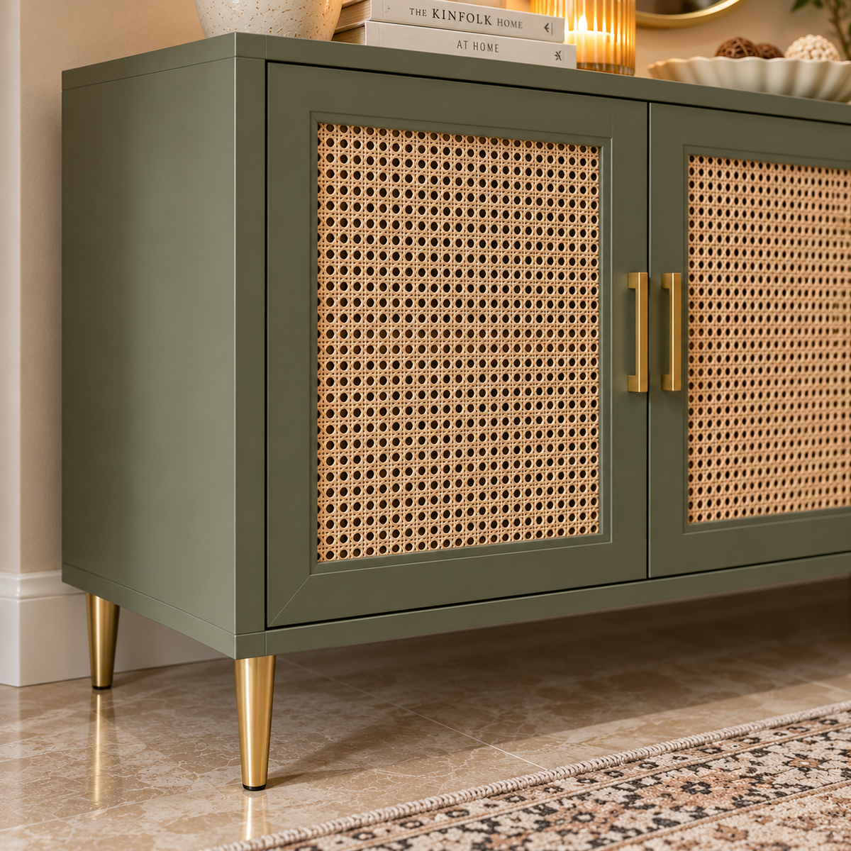 Modern Cane Sideboard Cabinet | Olive Green Storage Console with Rattan Doors & Brass Legs