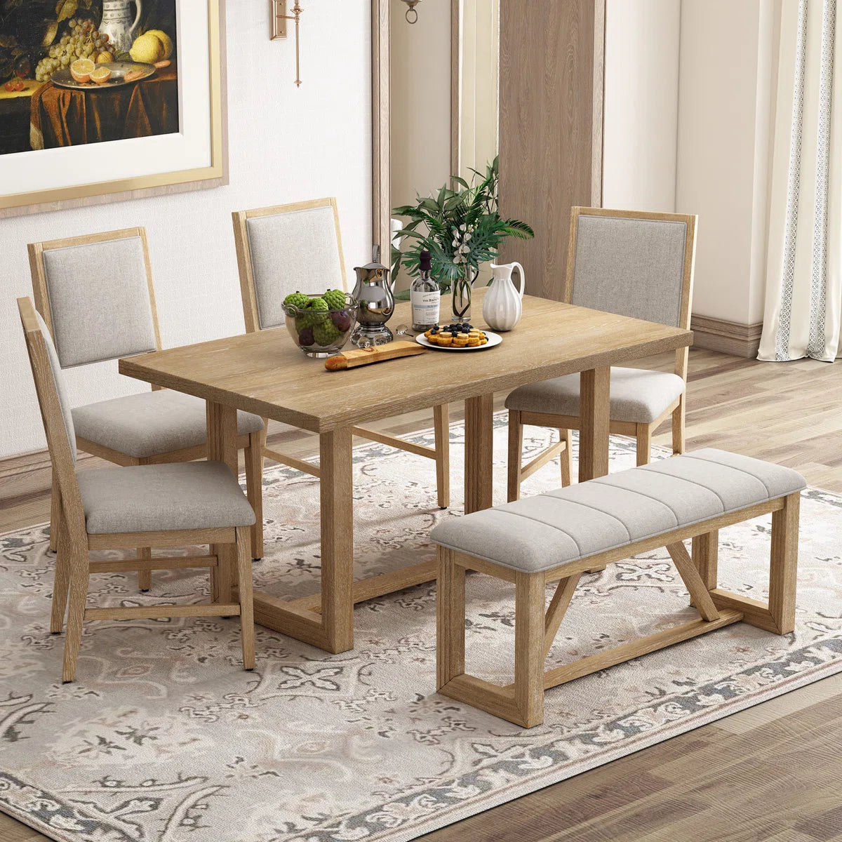 6-Piece Retro Dining Table Set for 6, 60" Wood Kitchen Table and Chairs Set of 4 with Bench Designed Trestle Base for kitchen & Dining Room- OUCH CART