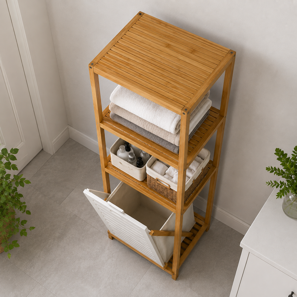 Ouch Cart Bamboo Bathroom Storage Shelf with Laundry Basket