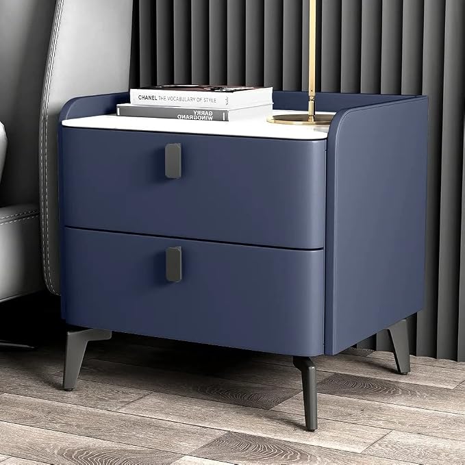 Ouch Cart Modern Blue Bedside Table with 2 Drawers & Marble Top – Top View Ouch Cart